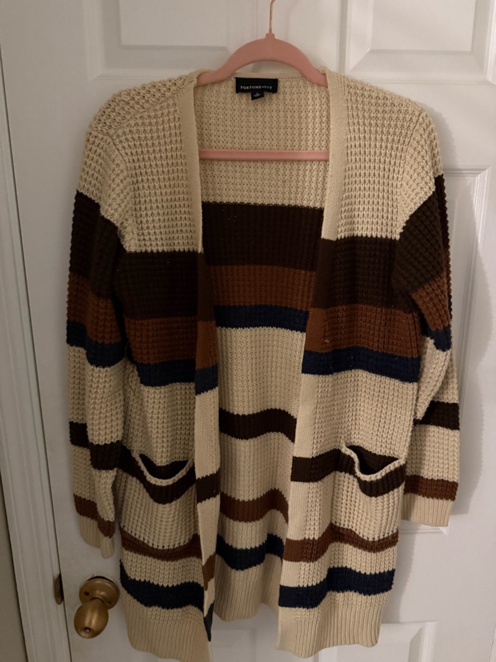 Open-Front Striped Cardigan Sweater - Cream, Brown & Navy by Fortune+Ivy